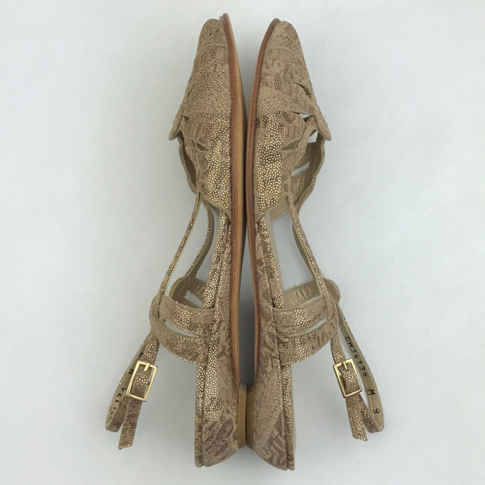 STUART WEITZMAN Metallic Gold Suede Animal Print Flats Sandals - Picture 5 of 16